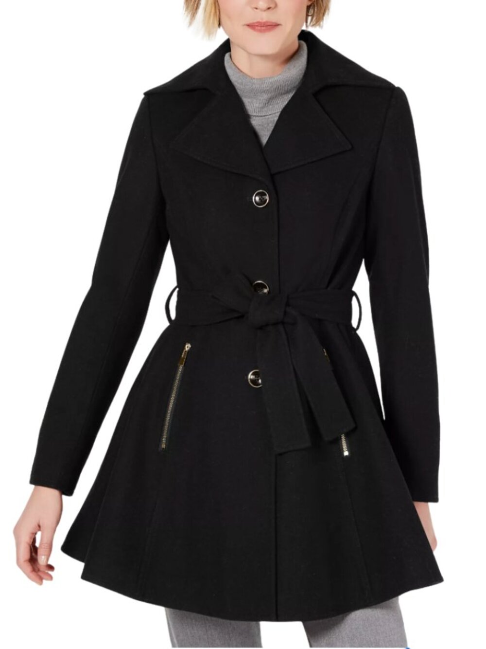 INC | Women's Black Wool Button Front Skirted Pea Coat with Belt | Size L